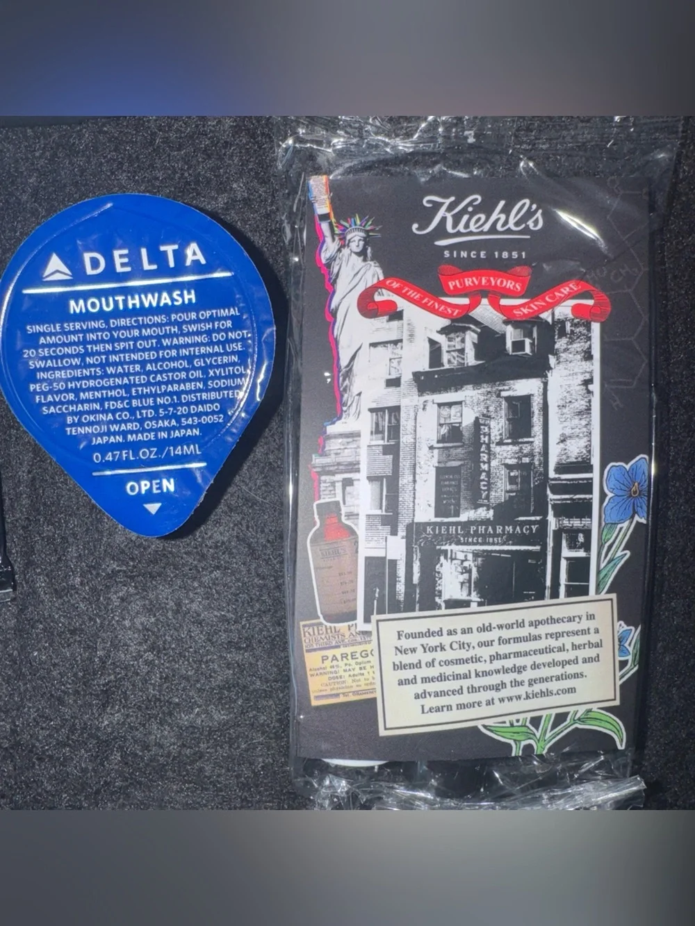 Tumi Delta Airlines Black Hard Shell Amenity Kit Kiehls Skincare Travel Set
